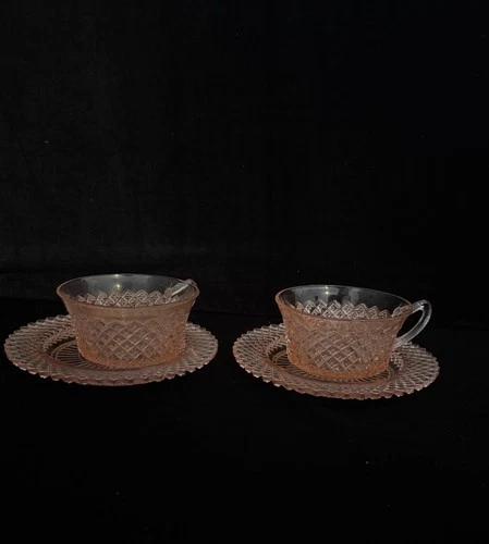 Vintage Pink Depression Glass Tea Cups & Saucers Set of 2 Diamond Cut Pattern