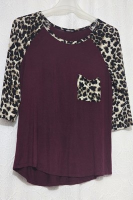 Heimish Burgundy Top w/ Leopard Accented Sleeves Women s Size L
