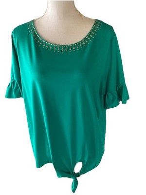 Ruby Rd. Top Blouse Lg Teal Green Silver Beads Flare Sleeves Tie Front