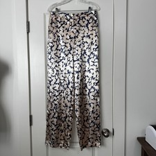 Ulla Johnson 4 Wide Leg Satin Floral Pants Navy Blue Cream Quiet Luxury