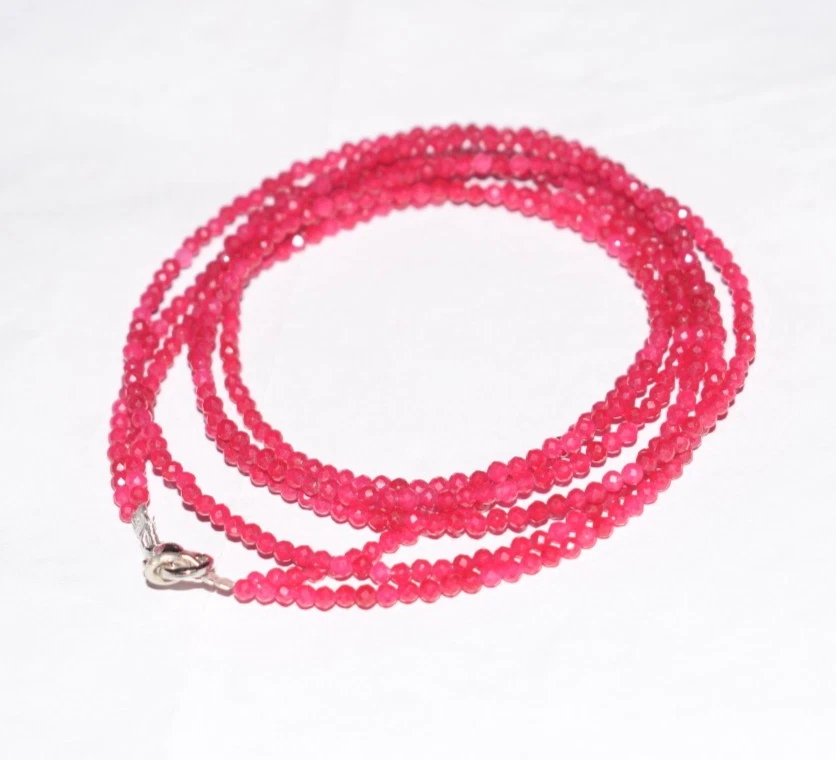 Natural Rubí Rojo Piedra Preciosa 2.5MM Perlas con Caras 925 Plata 36" 2 Capas - Imagen 3 de 4