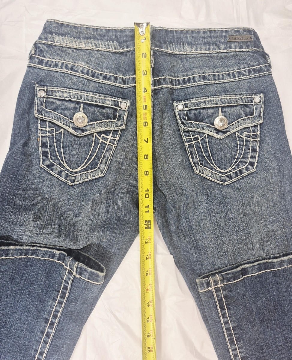 Jean Femme LA Idol USA Taille 7 Bootcut Taille Ultra Basse - Bleu Orné