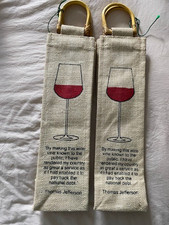 LOT OF (2) CANVAS WINE GIFT BAGS PRINTED DBL. SIDED W/THOMAS JEFFERSON QUOTE