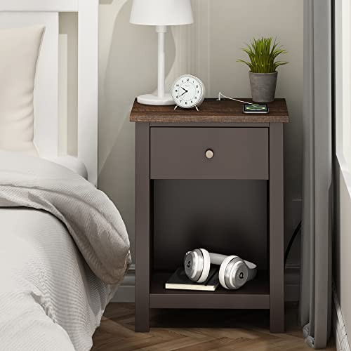 Nightstand with Charging Station, Wooden Top Bedside Table with Drawer and