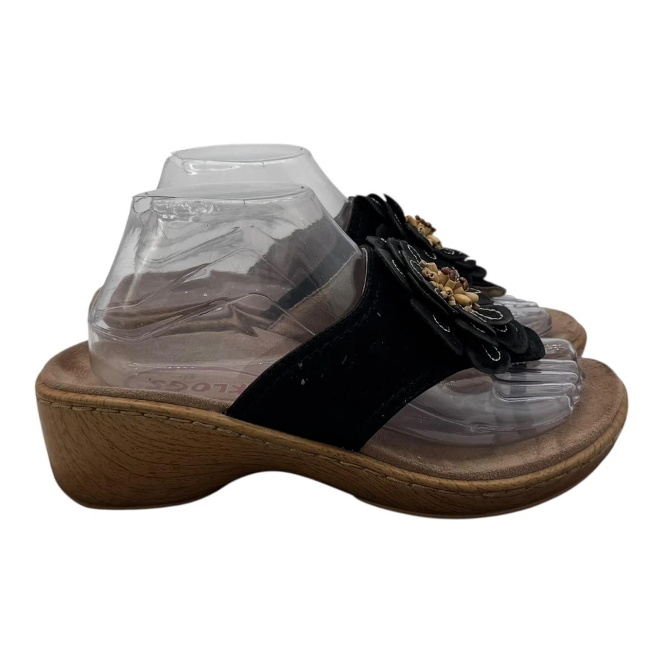 Klogs Sandals Womens 8 Comfort Leather Slip On Beaded Flower Thong Shoes Black - Image 2 of 4