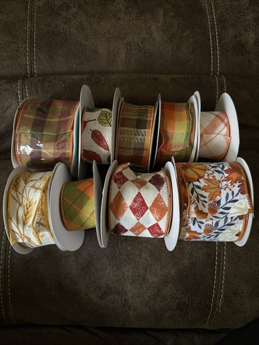 Lot Of 9 Spools Of Fall Autumn Ribbon Used
