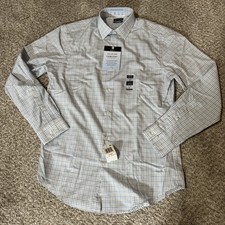 Van Heusen Men's Medium Slim Fit Comfort Performance Dress Shirt Ice Blue Plaid