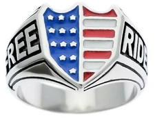 USA Flag Shield Ride Free mens Biker Enamel ring 316 Stainless Steel size 12 T54