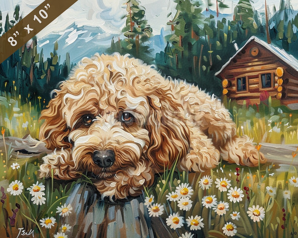 Cockapoo painting by a cozy cabin 8x10 Print