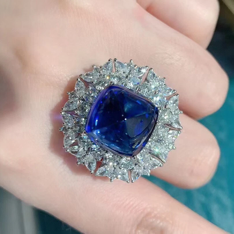 New Luxury Big Sugar Tower Blue Topaz Classical Women Girl Silver Gemstone Rings - Image 3 of 4