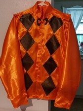 HORSE RACING JOCKEYSILKS BROWN ORANGE SATIN  MEN'S MEDIUM SURGED SEAMS