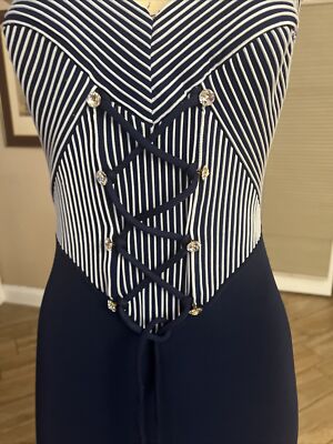 VTG Tadashi Bodycon Dress W/Crystal Buttons Corset /style Blue SZ