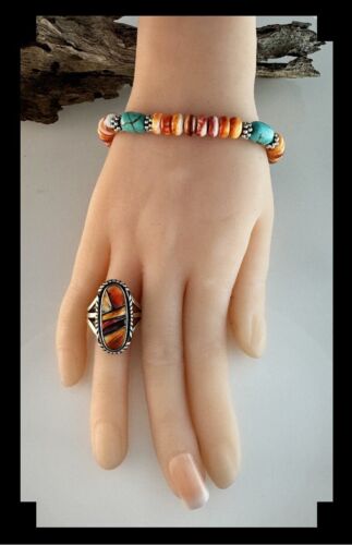 White Fox Creation: Chunky # 8 Turquoise and Spiny Oyster Bracelet - Picture 3 of 4