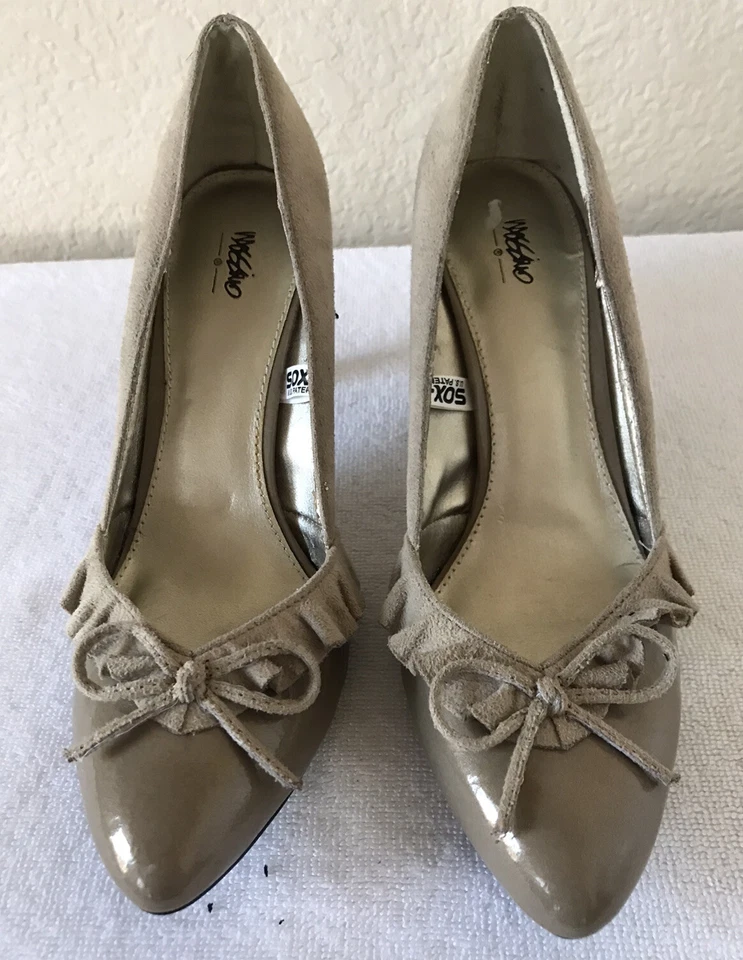 Mossimo womens sz 7.5 faux suede Patent nude beige high heels pumps - Image 4 of 4