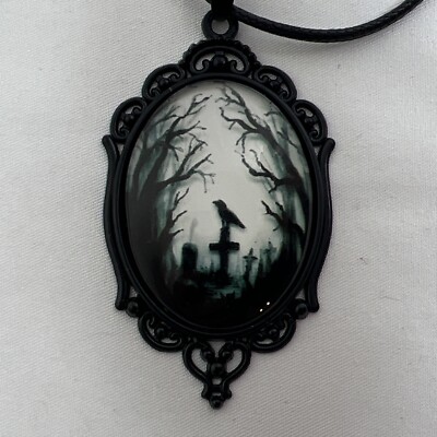 Gothic Crow Raven Necklace Cemetery Pendant Goth Pagan Victorian Jewelry