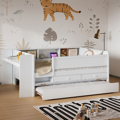 Multi-Functional Twin Daybed Wood Bed Frame with Drawers ,Trundle & Table White
