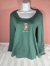 Life Is Good Long Sleeve Sleep Top Womens L Santa Cat Holiday Green Christmas