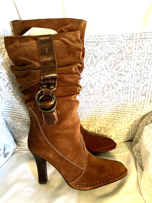 Hot In Hollywood Boots Womens Sz 10  COGNAC  suede high heel strap accent slouch