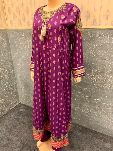 Pakistani Purple long frock Style Embroidered linen dress,Large - Picture 7 of 12