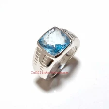 Natural Blue Topaz Gemstone with 925 Sterling Silver Ring For Men's #9509