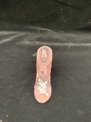 Fenton Art Glass Hand Painted Pink Cabbage Rose Slipper or Shoe Label, Signed