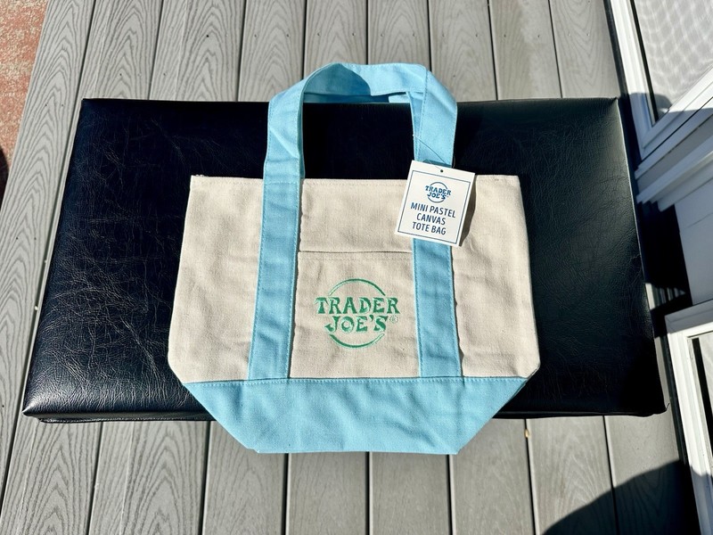 Trader Joe's Mini Pastel Canvas Tote Bag Foldable Small Beige Blue