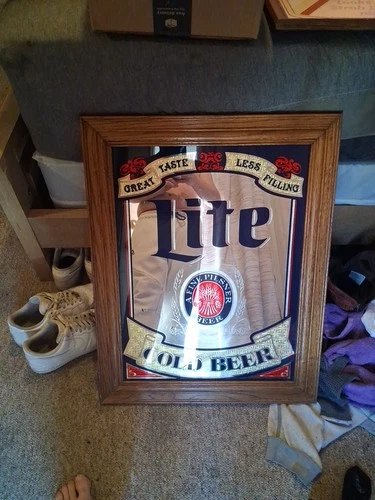 Miller Lite Cold Beer Wood Frame Mirror Bar Pub Sign Glass 22” x 29” Vintage