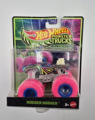 Mattel Hot Wheels Monster Trucks Rodger Dodger Pink Tires Glow In The Dark New