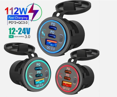 112W Auto Ladegerät Schnellladung PD QC3.0 USB C Dual Port 12-24V LED Steckdose