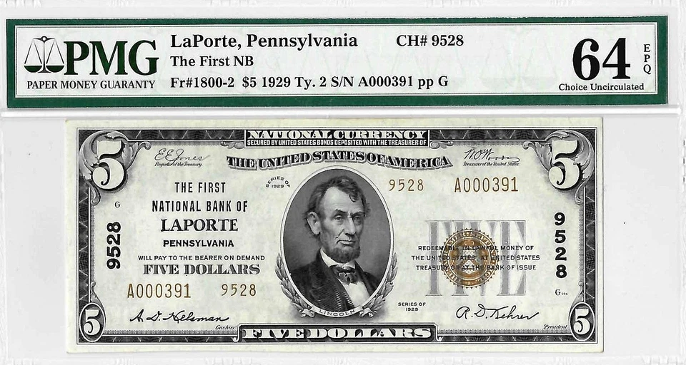 1929 $5 Laporte, Pennsylvania Charter 9528 PMG Choice CU-64 EPQ - Image 2 of 3