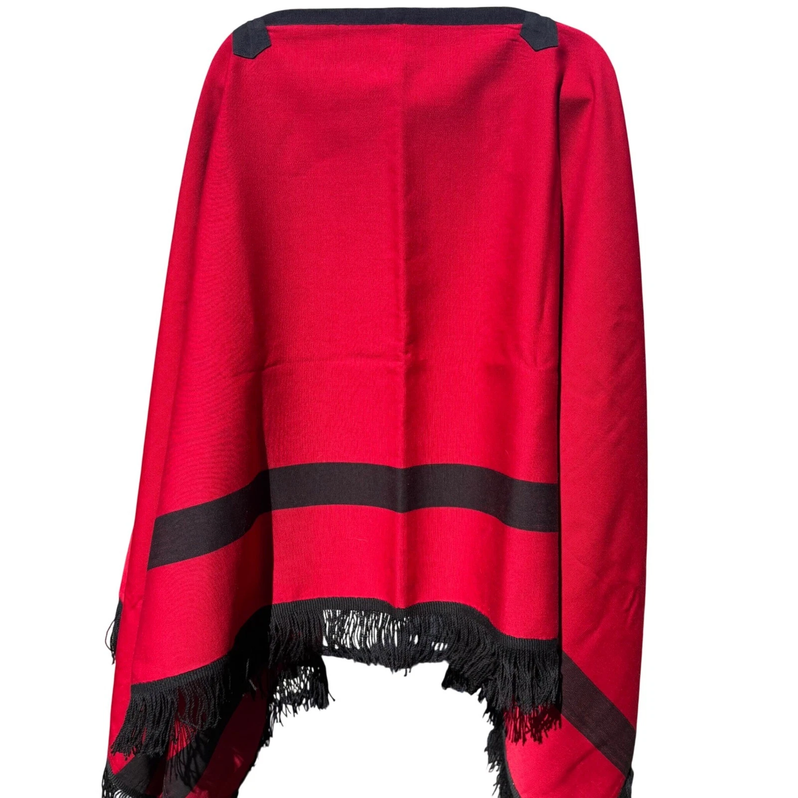 Vintage Red Wool Poncho Wrap Black Stripe Fringe Trim Boat Neck Zig Zag Stitch