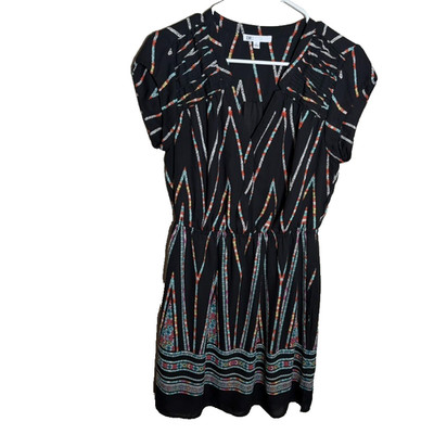 DR2 Dress Women's Small Black V-Neck Short Sleeve Sheath Printed Boho Casual
