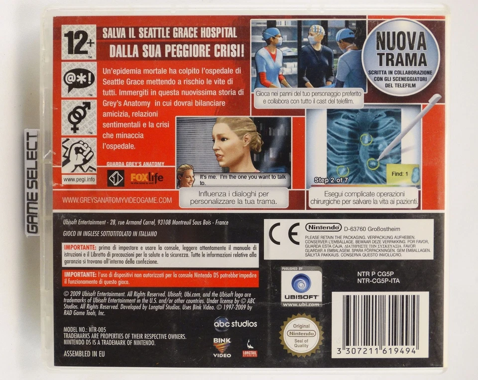 GREY'S ANATOMY THE VIDEO GAME NINTENDO DS 3DS PAL ITALIANO ORIGINALE COMPLETO, foto 1 di 5