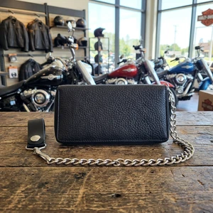 Genuine Leather Biker All Over Zipper Bi-Fold 7" Wallet With Chain Black