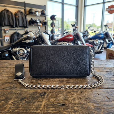 Genuine Leather Biker All Over Zipper Bi-Fold 7'' Wallet With Chain Black