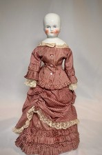 Antique German China Head Doll 18  Flat Top Victorian Dress Porcelain