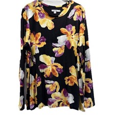 Chicos Womens Tunic Top Size XL Black Purple Floral Long Sleeve Stretch Pullover