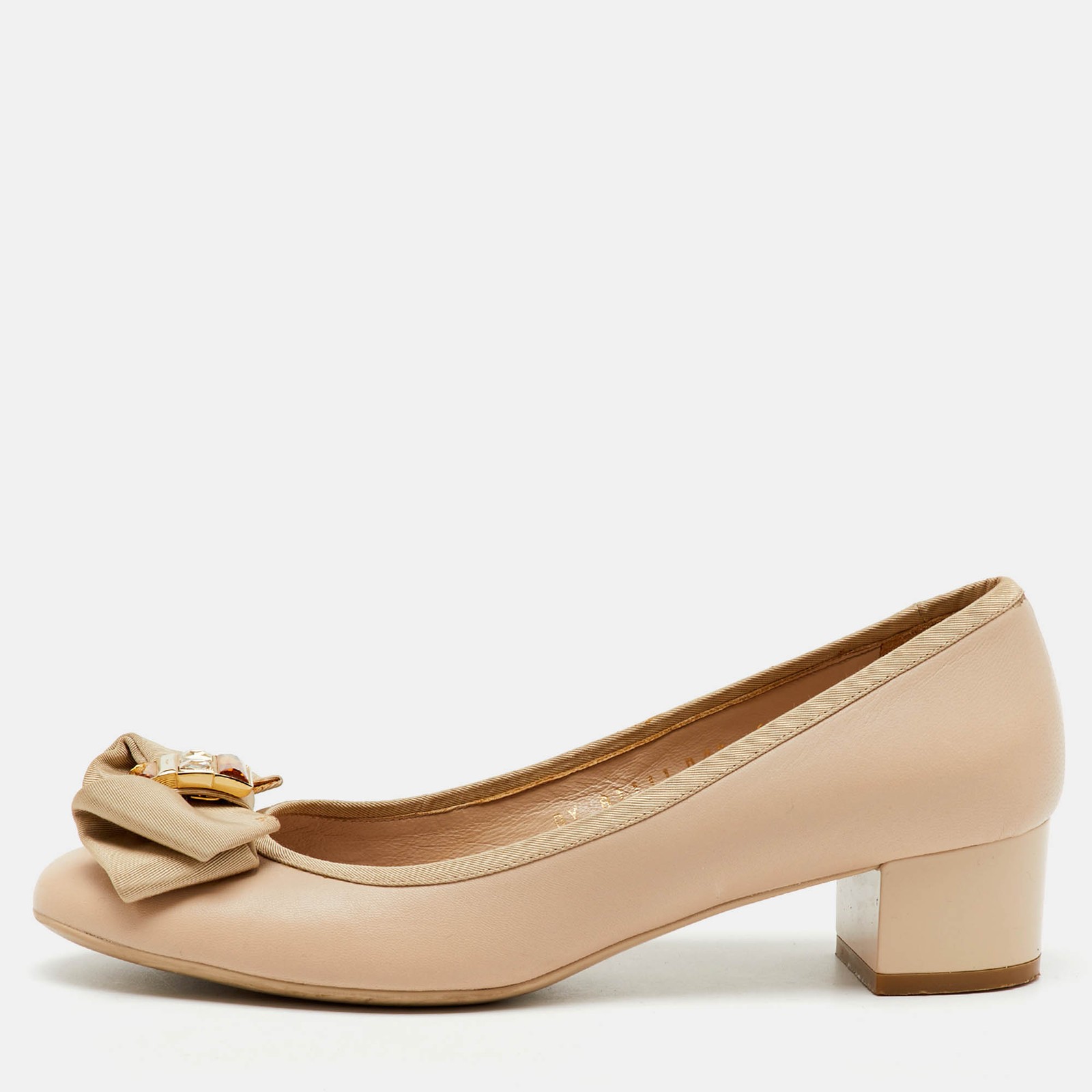 Salvatore Ferragamo Beige Leather Crystal Bow Block Heel Pump Shoes Size 37