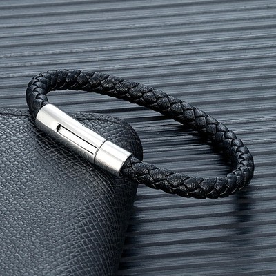 Braided Leather Bracelet Men Red Tone Stainless Steel Round