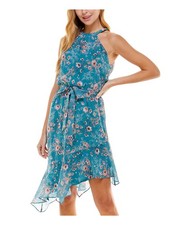 CITY STUDIO Womens Hi-Lo Knee Length Dress Teal Tie Sleeveless Juniors XS