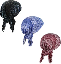 Pre Tied Chemo Head Scarf 3 Packed Beanie Skull Cover Cap for Women (Set6-Long S