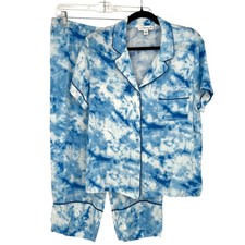 In Bloom By Jonquil Tie-Dye Short Sleeve Capri Pajama Set Blue White Size Large