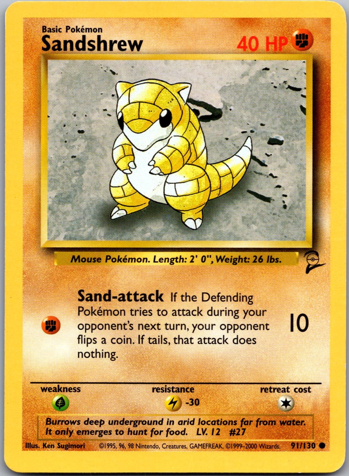 SANDSHREW 91/130 COMMON BASE SET 2 POKEMON NEAR MINT