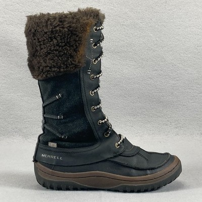 Merrell Decora Prelude Winter Boots Womens 7.5 Black Leather Brown Faux Fur 200g