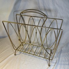 MCM Atomic Gold Metal Wire Magazine Rack Record Holder Brass Vintage