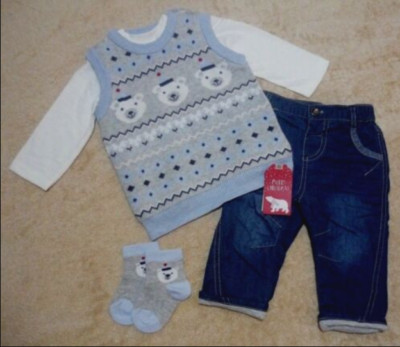 Baby Jungen 4-teilig blau Eisbär Pullover Jeans T-Shirt Winter Weihnachten Outfit 0-3 m