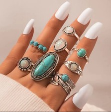 Women's TURQUOISE Boho 8 PC Ring Set Gift Hippie