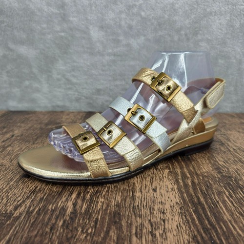 Sofft Sandalen 8 M Gold Silber Metallic Riemchen Schnallen Keilabsatz Gladiator Leder - Bild 16 von 16