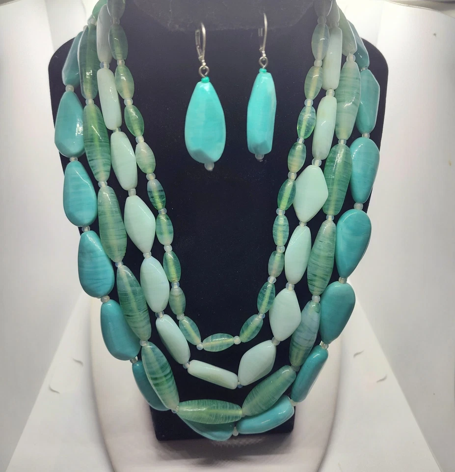 Collar/pendientes naturales costeros azules verdes aguamarina gruesos declaración cuatro hilos