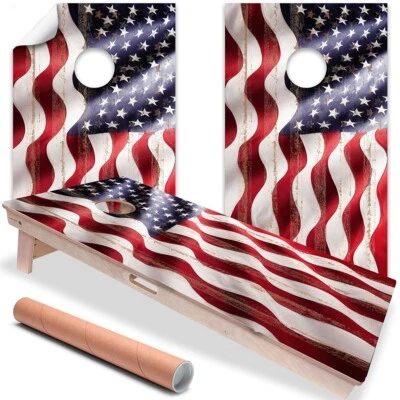 LONE STAR ART Wavy US American Flag Cornhole Board Wraps and Decals Vinyl Sticker